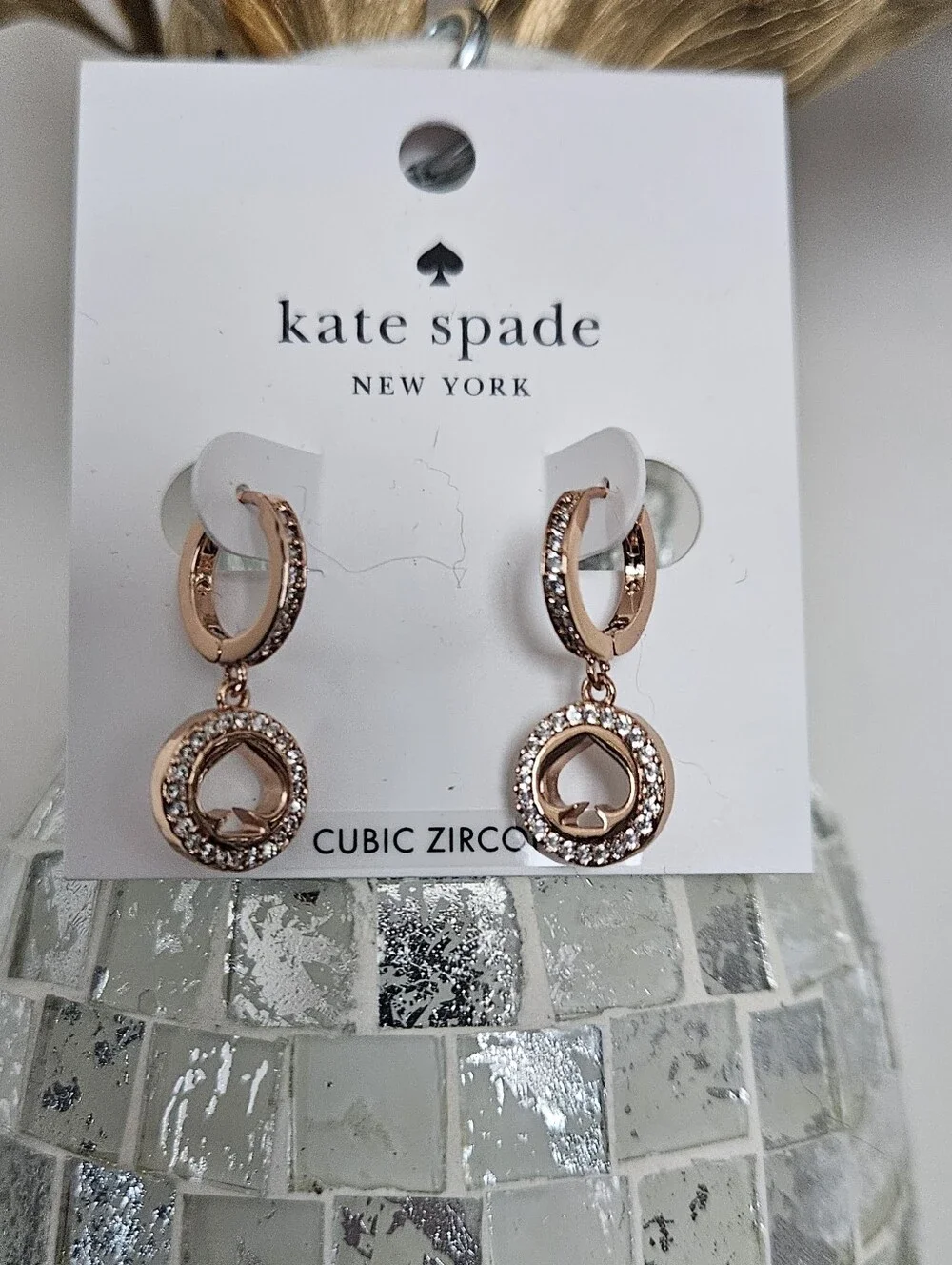 kate spade Rose Gold Crystal Hoop Drop Earrings, New, With Dusty, MSRP $69